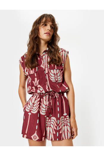 Koton X Melis Ağazat - Viscose Floral Ethnic Patterned Mini Shorts, Comfortable Fit with Tie Waist and Pockets