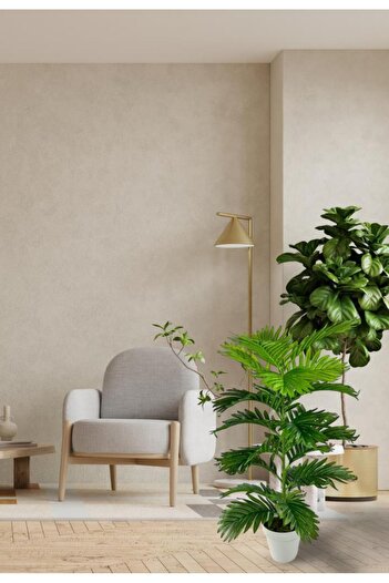 Nettenevime Yapay Çiçek Tropik Areka 80cm 23 Yapraklı Salon Çiçeği Beyaz Saksılı Yapay Bitki