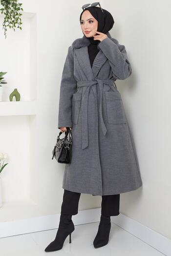 hafsamina Smoked Stamp Coat - Fur Collar and Ribbed Detail Hm2576