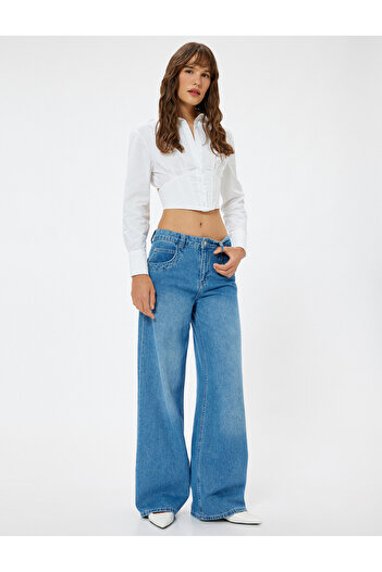 Koton Bavlněná košile Slim Fit Korzet s dlouhým rukávem Crop Poplin