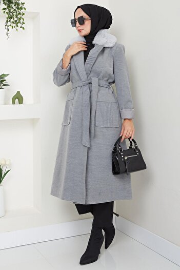 hafsamina Gray Stamp Coat - Fur Collar and Ribbed Detail Hm2576