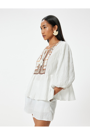 Koton Ethnic Patterned Cotton Blouse - Balloon Sleeve, Tie-Up Collar and Comfortable Fit