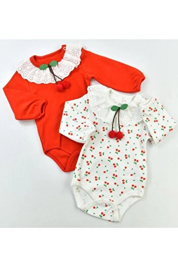 Bebelove Kız Bebek Kirazlı Dantelli 2'li Uzun Kollu Body Kırmızı-beyaz