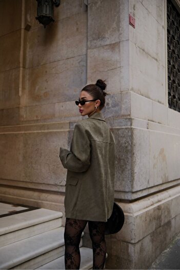 FMN Moda Suede Nubuck Fabric Three Button Loose Cut Medium Length Sewing Detail Pinterest Brand Equivalent Blazer Jacket