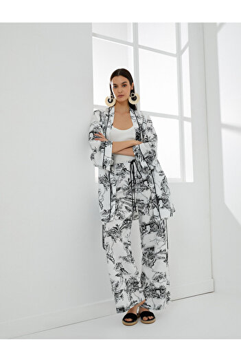 Koton Floral Wide Leg Trousers Tie Waist Viscose Fabric Blended