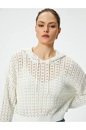 Koton Crop Openwork Sweater Hooded Long Sleeve