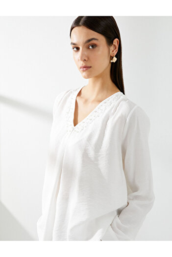 Koton Pearl Blouse V-neck Long Sleeve Viscose Texture