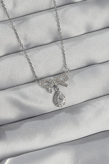 Store 316L Steel Silver Color Zircon Stone Bow Detail Drop Necklace
