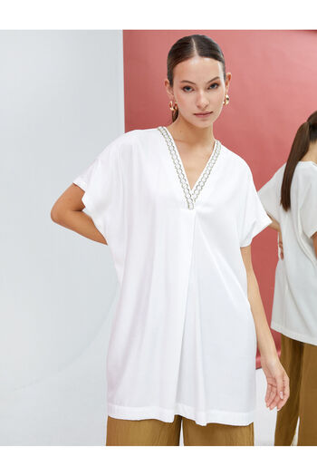 Koton Long Tunic Short Sleeve V-Neck Accessory Detailed