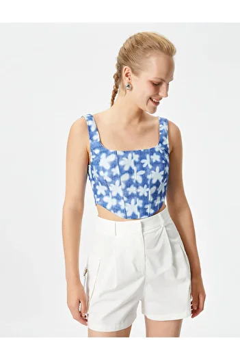 Koton Corset Bustier Crop Strap Floral Square Neck