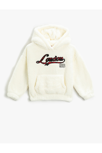 Koton Plush Hooded Sweatshirt Kangaroo Pocket Applique Detailed