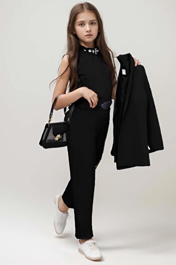 Riccotarz Jewelled Embroidered Tank Top, Belted Blazer Jacket and Pants for Girls - Black Bottom Top Set