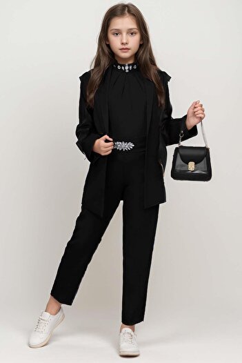 Riccotarz Jewelled Embroidered Tank Top, Belted Blazer Jacket and Pants for Girls - Black Bottom Top Set