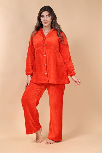 mervemoda Women's Emerald Green Large Size Ultra soft front buttoned pleated pajamas suit