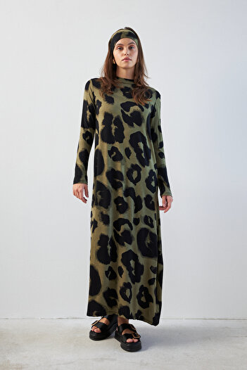 Bipantolon Women's Khaki Black Large Leopard Print Half Turtleneck Long Sleeve Long Dress