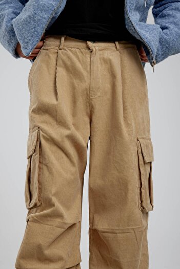 NOMARC Erkek Bej Kadife Baggy Kargo Pantolon