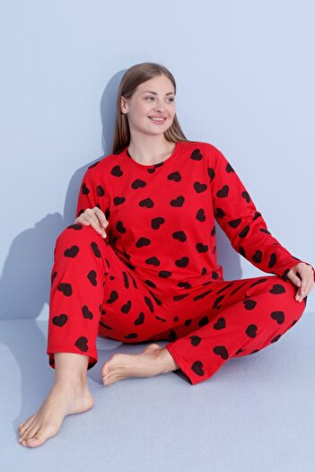 PİJAMOOD Kadın Battal Beden Baskılı Uzun Kollu Pamuklu Pijama Takımı