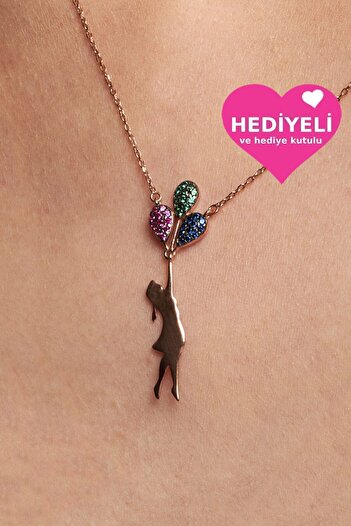 Jewelmim Gümüş Balonlu Kız Kolye 18 Ayar Rose Altın Kaplama Balon Tutan Kız Kolye 925 Ayar Kadın Gümüş Kolye