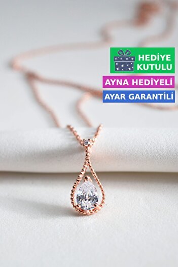 Jewelmim Gümüş Damla Taş Kolye 18 Ayar Rose Altın Kaplama Su Damlası Kolye 925 Ayar Kadın Gümüş Damla Kolye