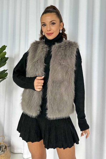 Mine Tan Butik Сірий плюшевий хутряний жилет - з підкладкою