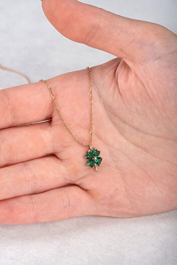 Jewelmim Yeşil 4 Yapraklı Yonca Gümüş Kolye 18 Ayar Rose Altın Kaplama 925 Ayar Kadın Gümüş Yoncalı Kolye