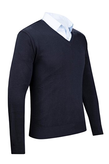 Çizgi Triko Men's V-Neck Knitwear Navy Blue Sweater with Straight Sleeve and Elastic Waist Woven Steel Knit