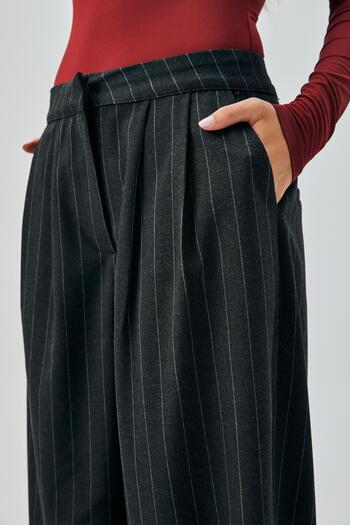minaaise Women's Black Wool Polyviscose Striped Palazzo Trousers 28078