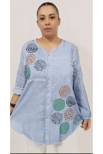 AKŞEN GİYİM LARGE SIZE WOMEN'S COTTON LINEN FABRIC GEOMETRIC PATTERNED FOLDED SLEEVE AUTHENTIC TUNIC