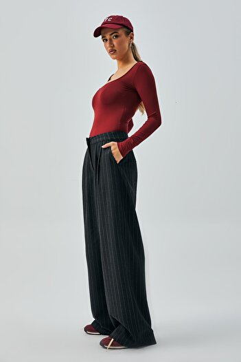 minaaise Women's Black Wool Polyviscose Striped Palazzo Trousers 28078