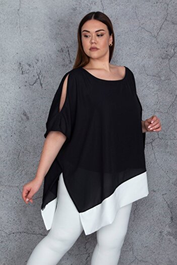 Şans Women's Plus Size Black Shoulder Low-cut Hem Strap Chiffon Tunic 65n25562