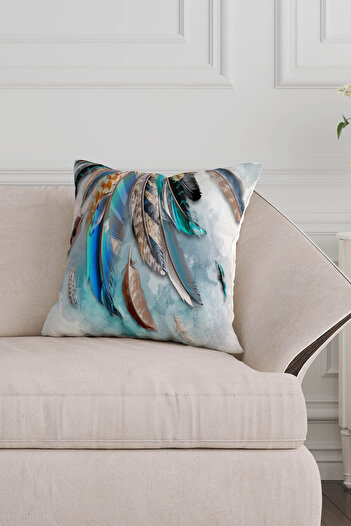 Sakallı Luck Feather Blue Colored Patterned Gift Velvet Throw Pillow Cover
