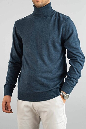 bombe Men's Indigo Slim Fit Turtleneck Cotton Turtleneck Sweater Indigo