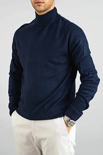 bombe Men's Navy Blue Slim Fit Half Turtleneck Cotton Semi-Toupee Knitwear Sweater
