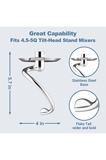 Choice fit 4.5-5qt Stainless Steel Spiral Dough Hook for Kitchenaid Stand Mixer, 4.5 Qt - 5 Qt Tilt-Head St