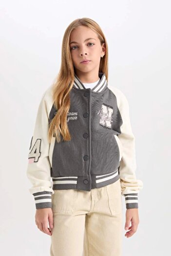 DeFacto D3108 Embroidered College Collar Bomber Cardigan