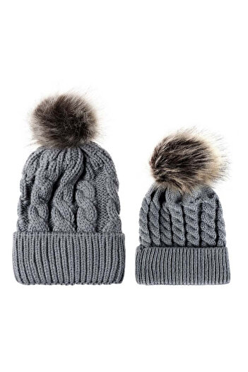 OEM Mother and child hat set with a Drool pompom (Color: Gray)