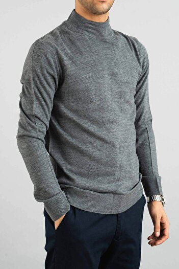 bombe Erkek Slim Fit Yarım Balıkçı Yaka Pamuklu Yarım Boğazlı Sweatshirt Triko Kazak Gri