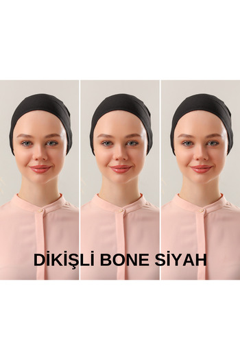 Melodi Scarf Black Hijab Stitched Women's Bonnet Set - 3 Pieces Tie-Up Combed Cotton