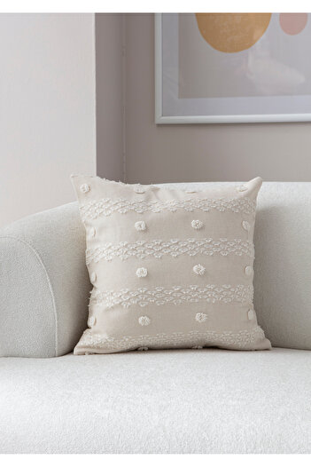 SWITA 43X43 Cream Colored Single Decorative Polka Dot - Linen Fabric Throw Pillow Cover
