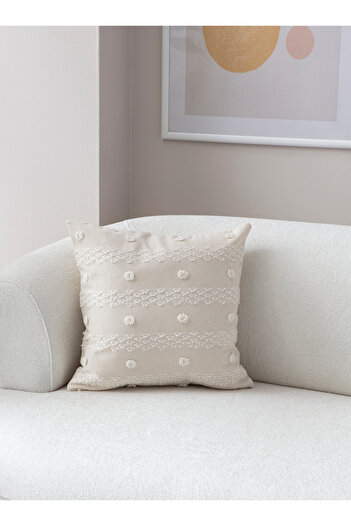 SWITA 43X43 Cream Colored Single Decorative Polka Dot - Linen Fabric Throw Pillow Cover