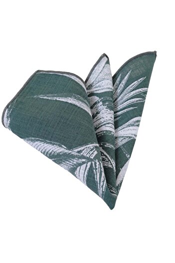 Exve Exclusive White Hawaiian Leaf Pattern Printed Collar Handkerchief on Green