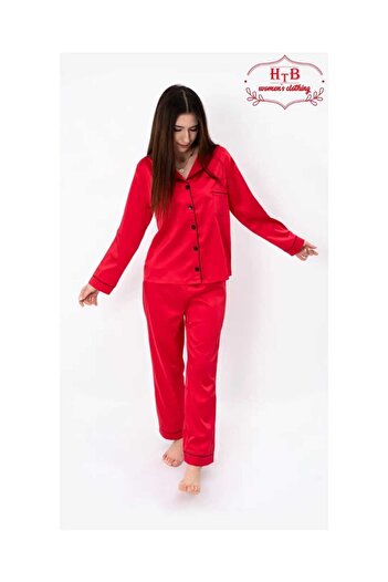 Marka Buttoned Elegant Red Satin Pajama Set