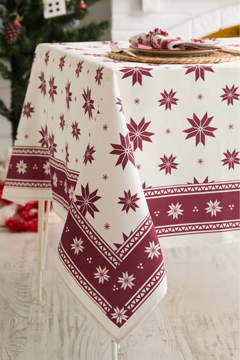 AYSHOME Ays Home Ecru Red Snowflake Noble Tablecloth