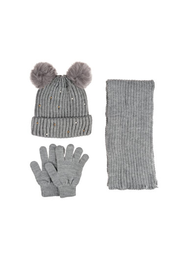 Kitti Kıttı- 9-15 Years Old Girl's Scarf Beanie Gloves Set - Double Layer Fleece Beanie