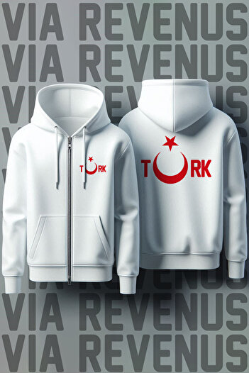 Vordevia Türk Front and Back Printed Unisex Zippered Hooded White Sweatshirt Cardigan