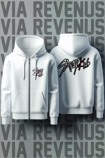 Vordevia Stray Kids Front and Back Printed Unisex Zippered Hooded White Sweatshirt Cardigan