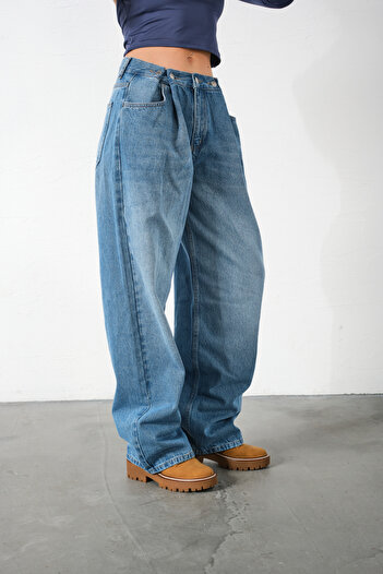 Maule Mavi Yüksek Bel, %100 Pamuk Ayarlanabilir Bel, Loose Fit Jean Kadın Kot Pantolon