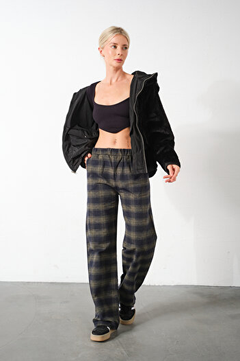 Domoda High Waist Khaki Flannel Pajama Bottoms - Women's Cotton Wide Leg Pants with Relaxed Fit