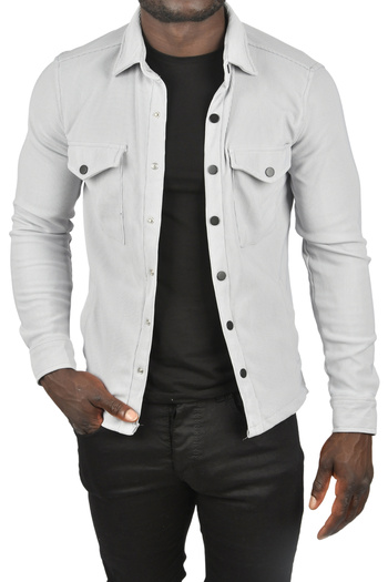 DeepSEA Men's Gray Knitted Fabric Shirt Collar Pocket Snap Slim Fit Sports Jacket 2500558