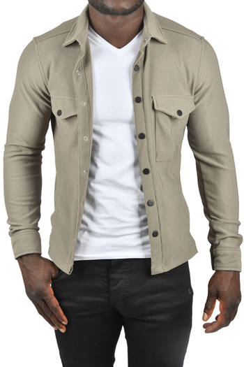 DeepSEA Men's Khaki Knitted Fabric Shirt Collar Pocket Snap Slim Fit Sports Jacket 2500558